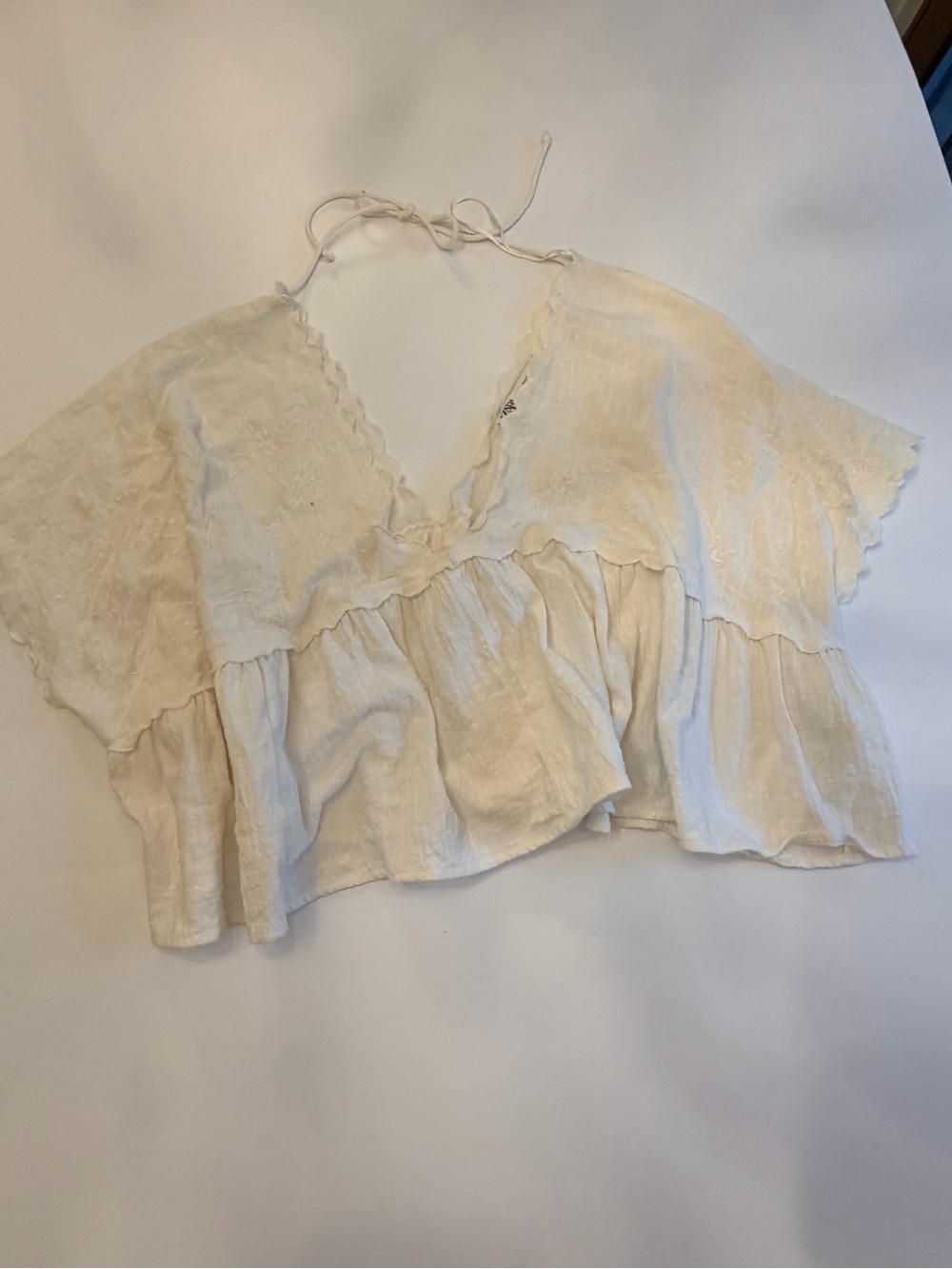Zara White Linen Tiered Ruffle Crop Top Halter Tie Size M